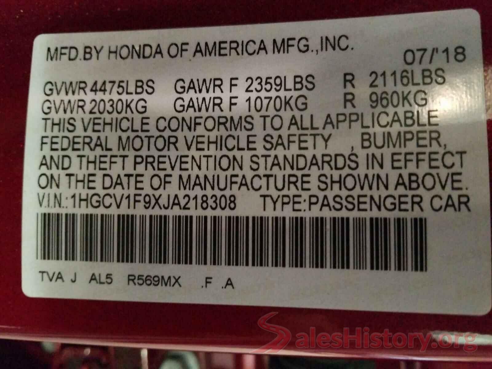 1HGCV1F9XJA218308 2018 HONDA ACCORD