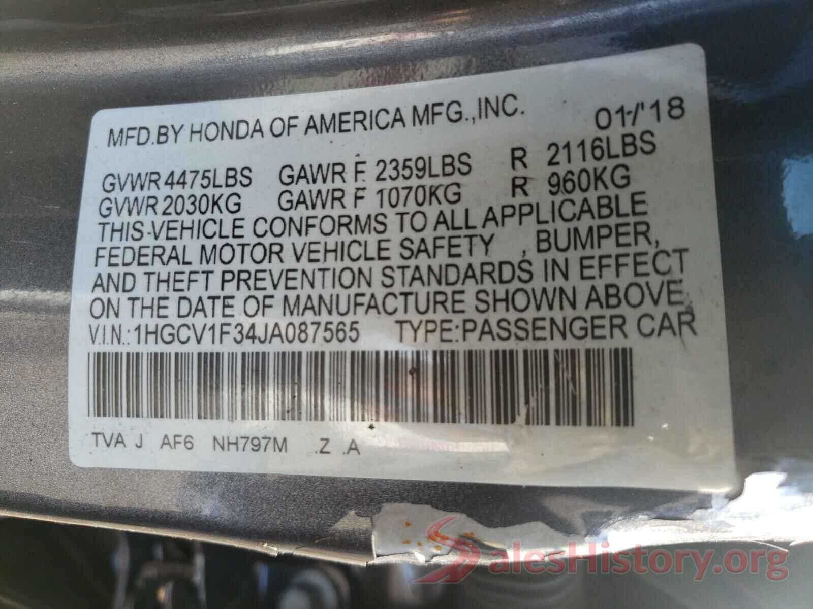 1HGCV1F34JA087565 2018 HONDA ACCORD