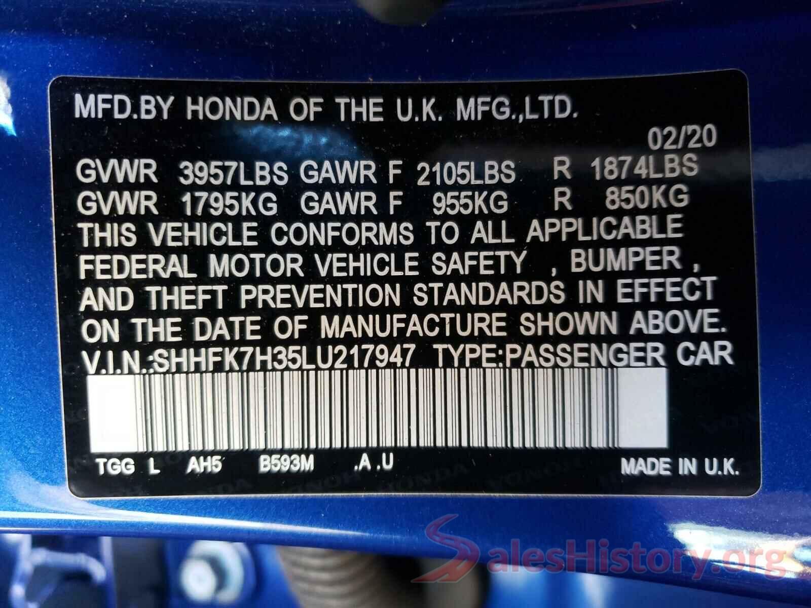 SHHFK7H35LU217947 2020 HONDA CIVIC