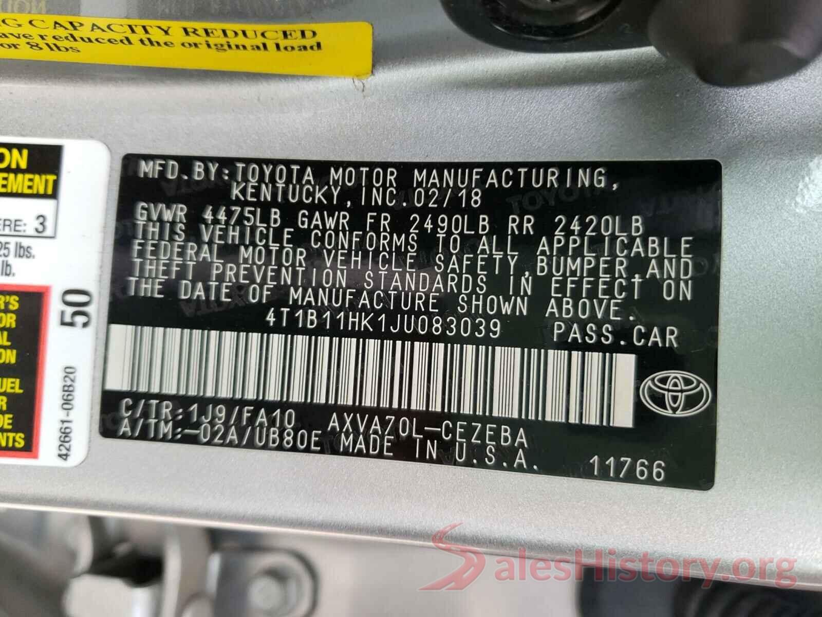 4T1B11HK1JU083039 2018 TOYOTA CAMRY