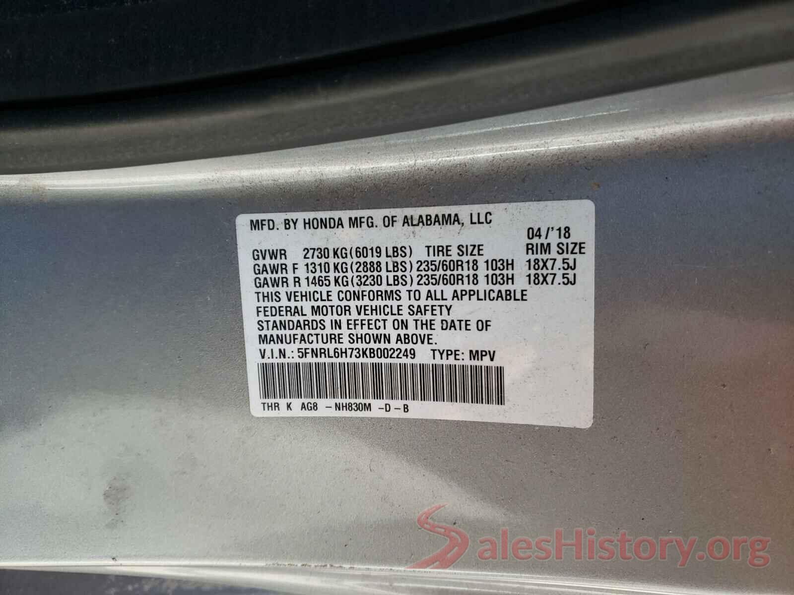 5FNRL6H73KB002249 2019 HONDA ODYSSEY