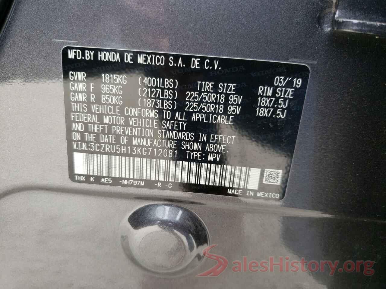 3CZRU5H13KG712081 2019 HONDA HR-V