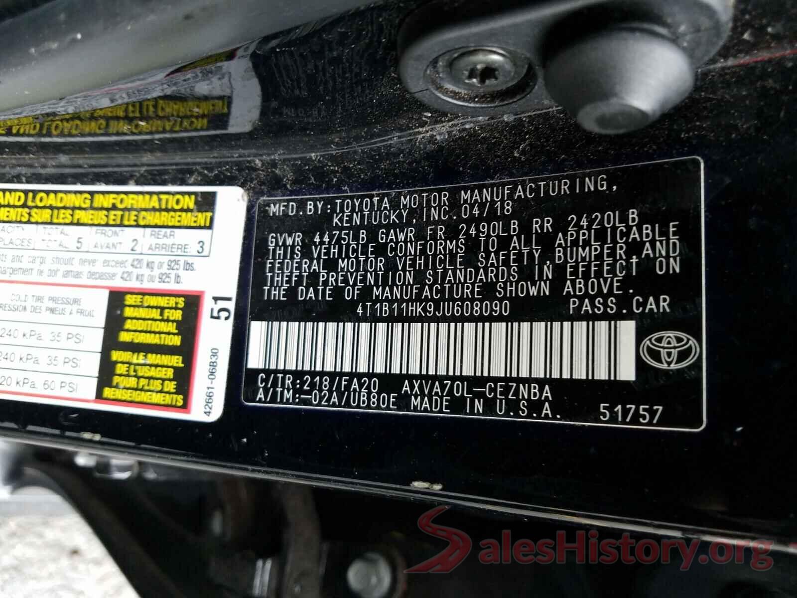 4T1B11HK9JU608090 2018 TOYOTA CAMRY