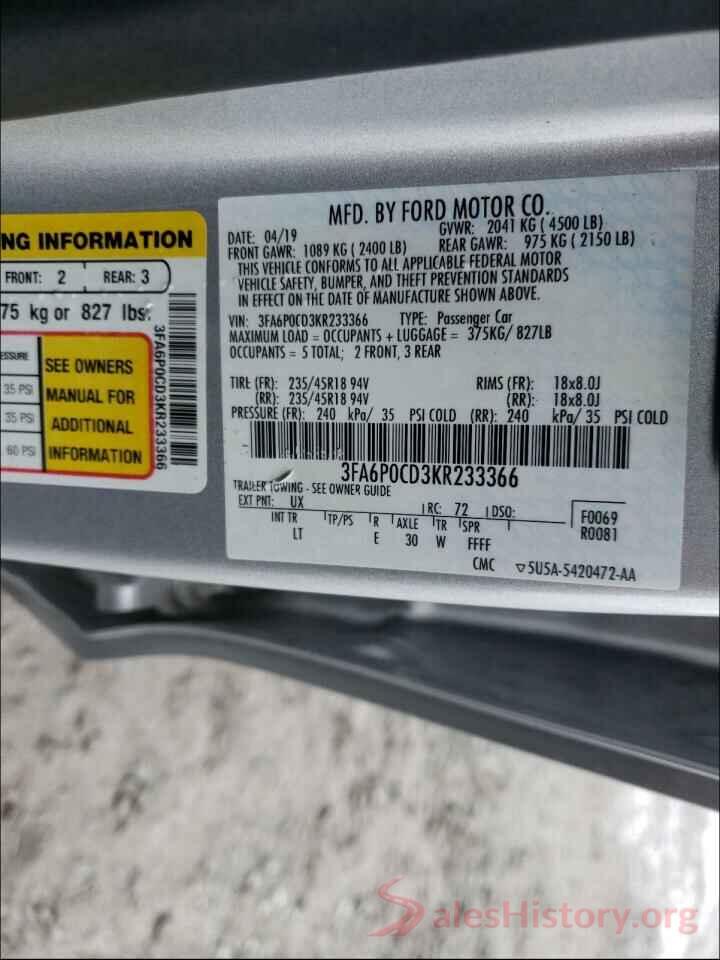 3FA6P0CD3KR233366 2019 FORD FUSION