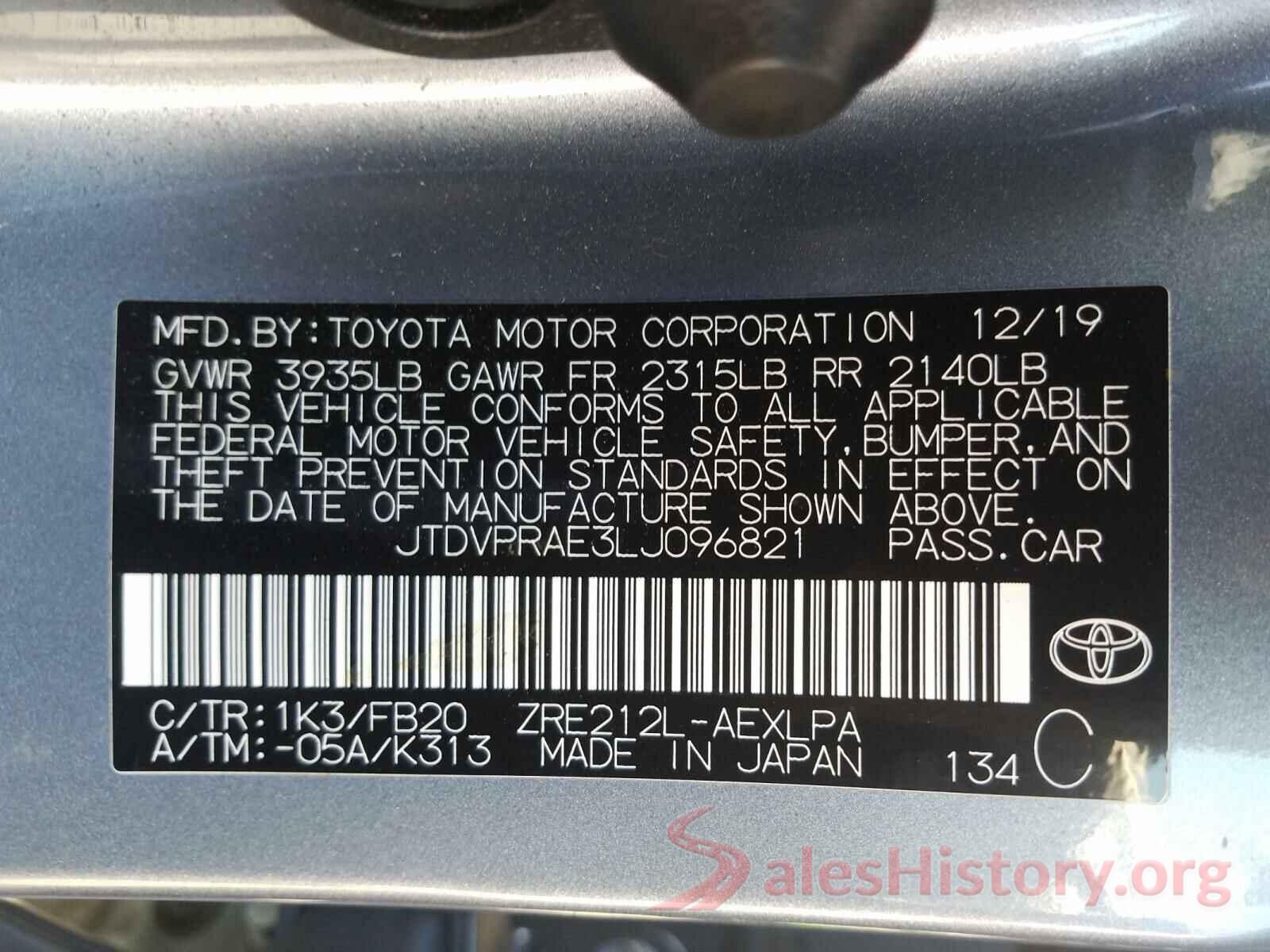 JTDVPRAE3LJ096821 2020 TOYOTA COROLLA