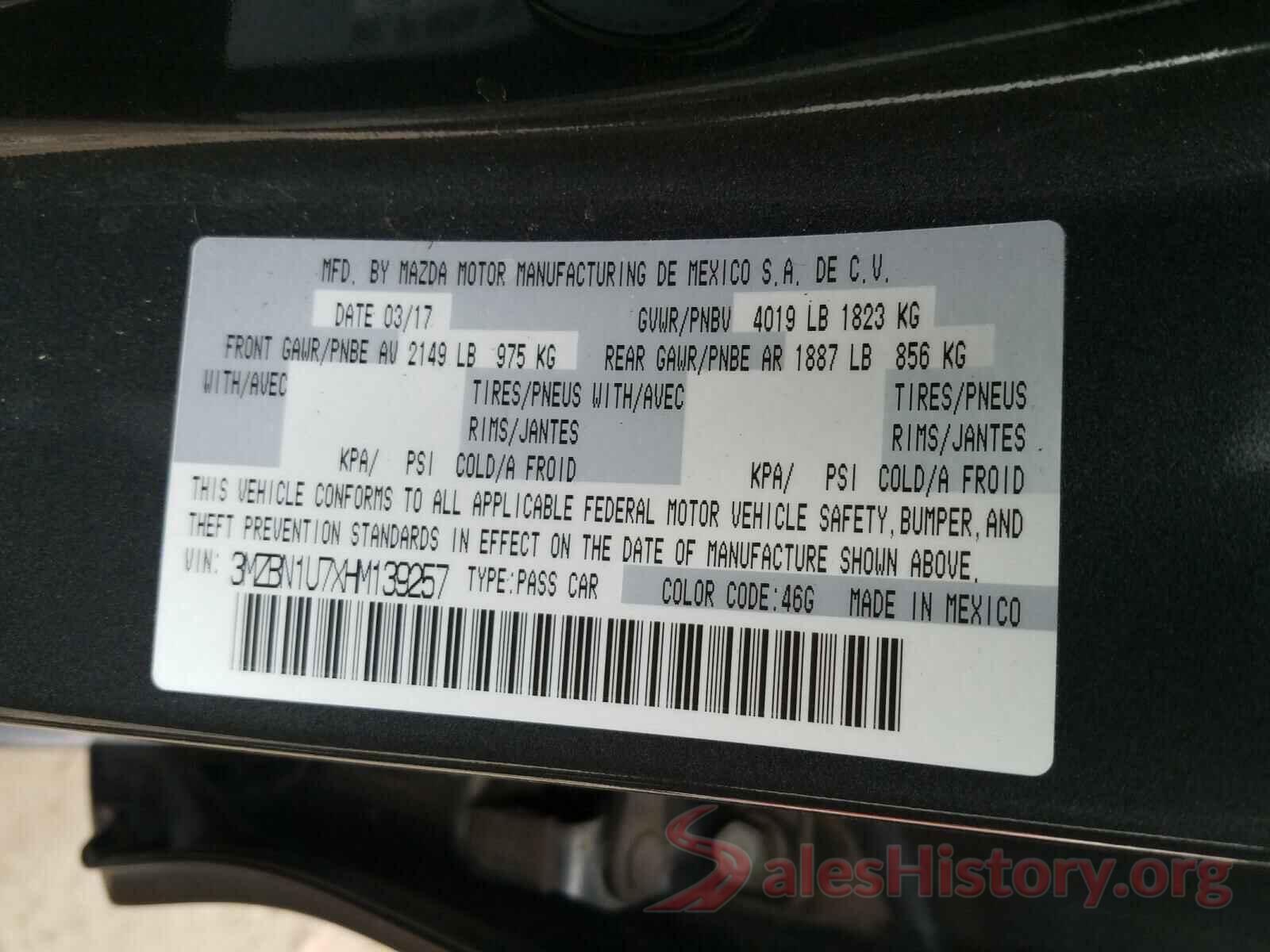 3MZBN1U7XHM139257 2017 MAZDA 3