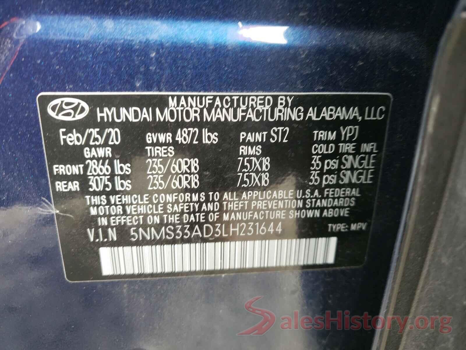 5NMS33AD3LH231644 2020 HYUNDAI SANTA FE