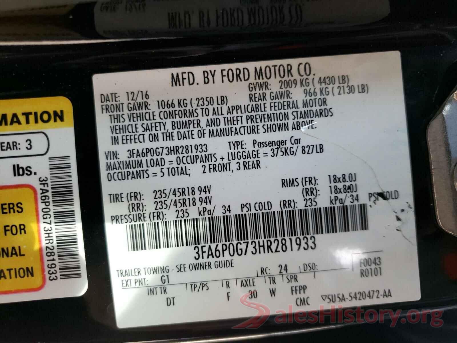 3FA6P0G73HR281933 2017 FORD FUSION