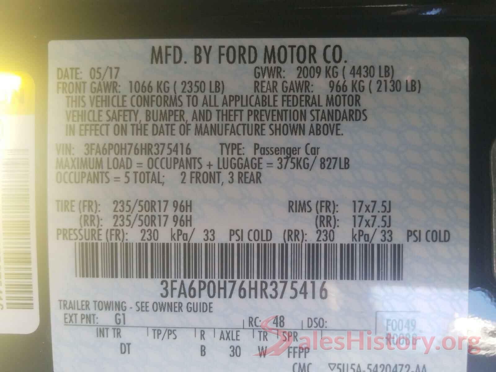 3FA6P0H76HR375416 2017 FORD FUSION