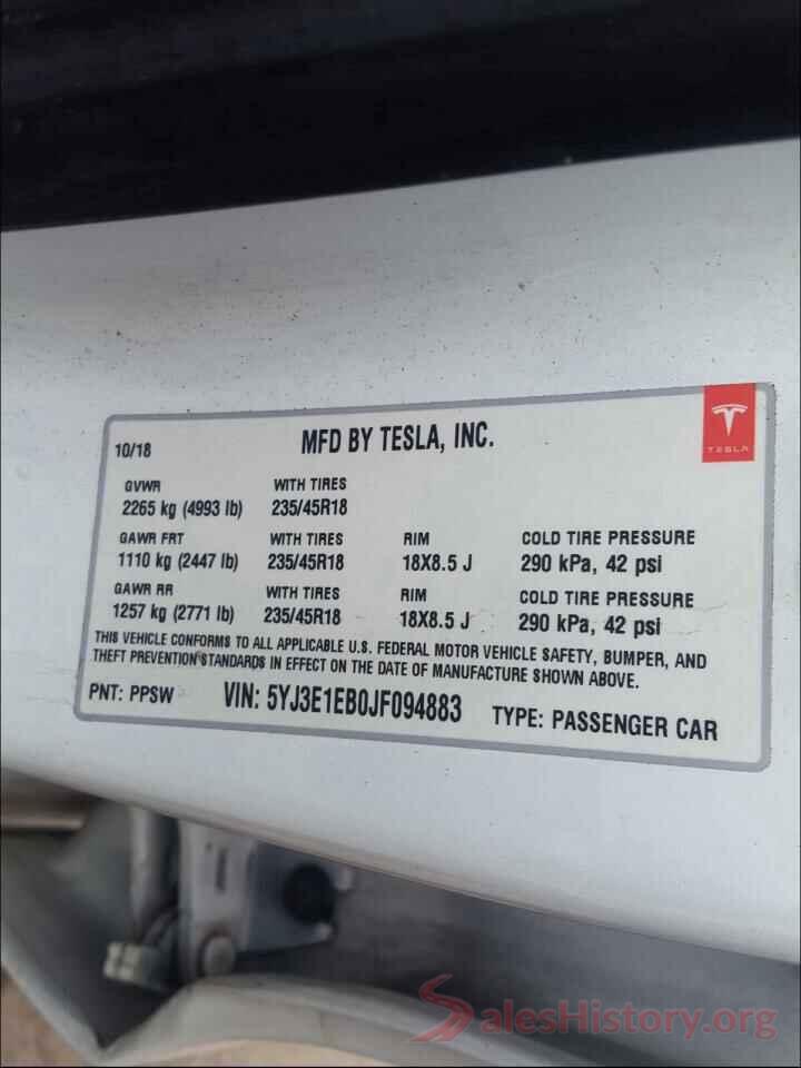 5YJ3E1EB0JF094883 2018 TESLA MODEL 3