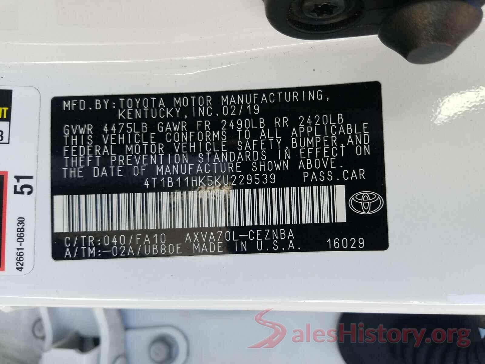 4T1B11HK5KU229539 2019 TOYOTA CAMRY