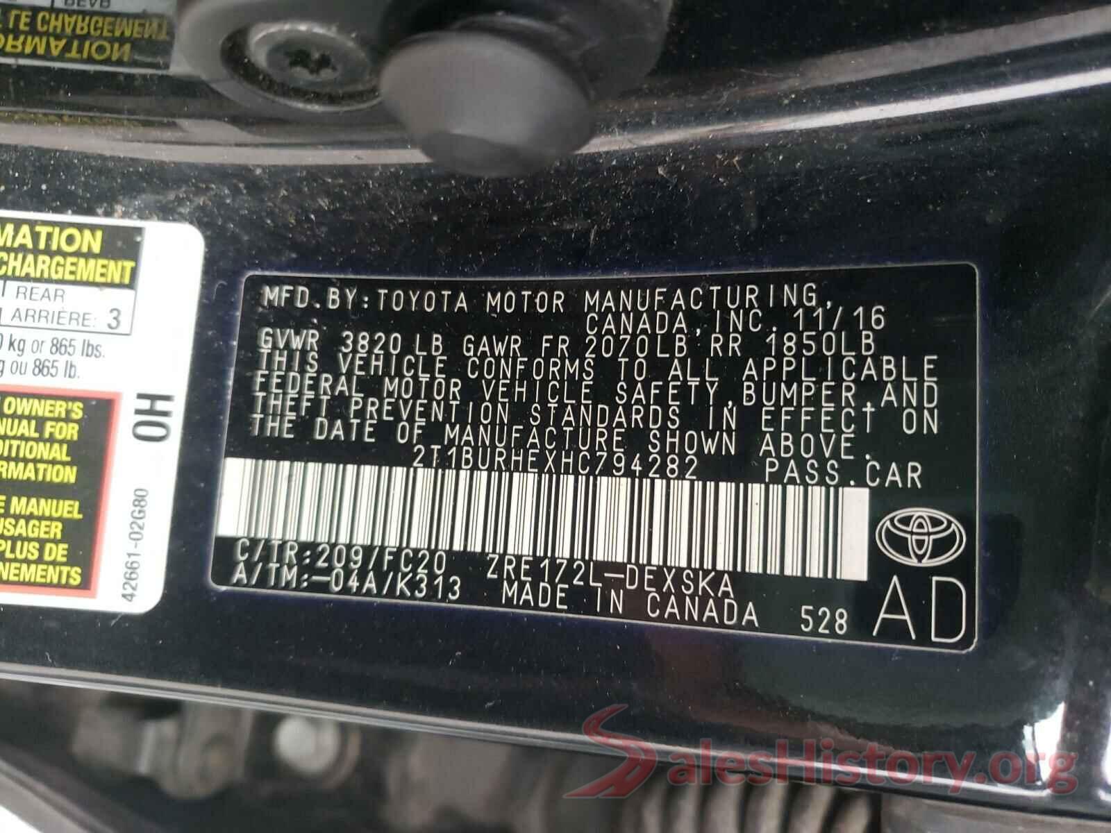 2T1BURHEXHC794282 2017 TOYOTA COROLLA