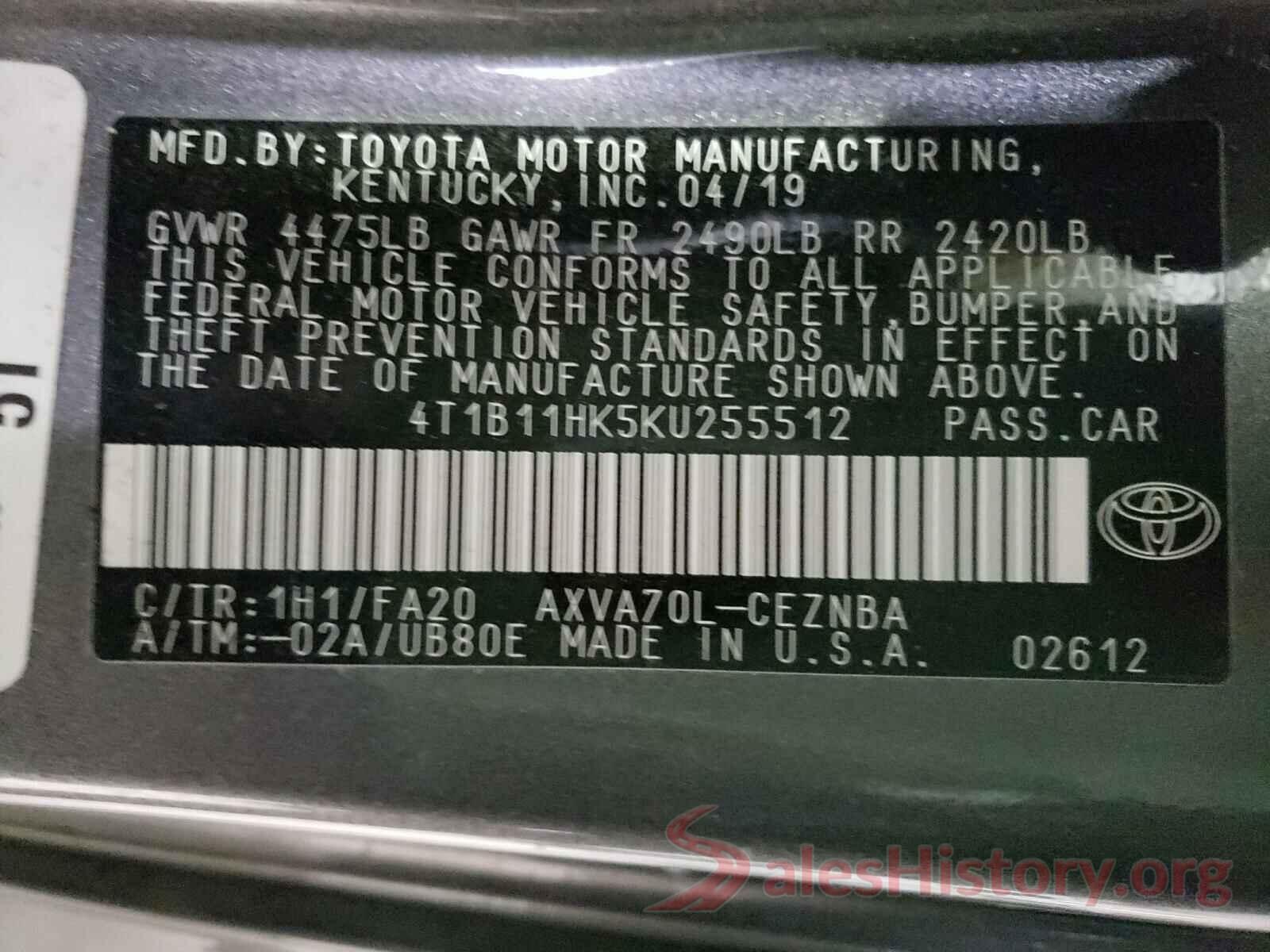 4T1B11HK5KU255512 2019 TOYOTA CAMRY