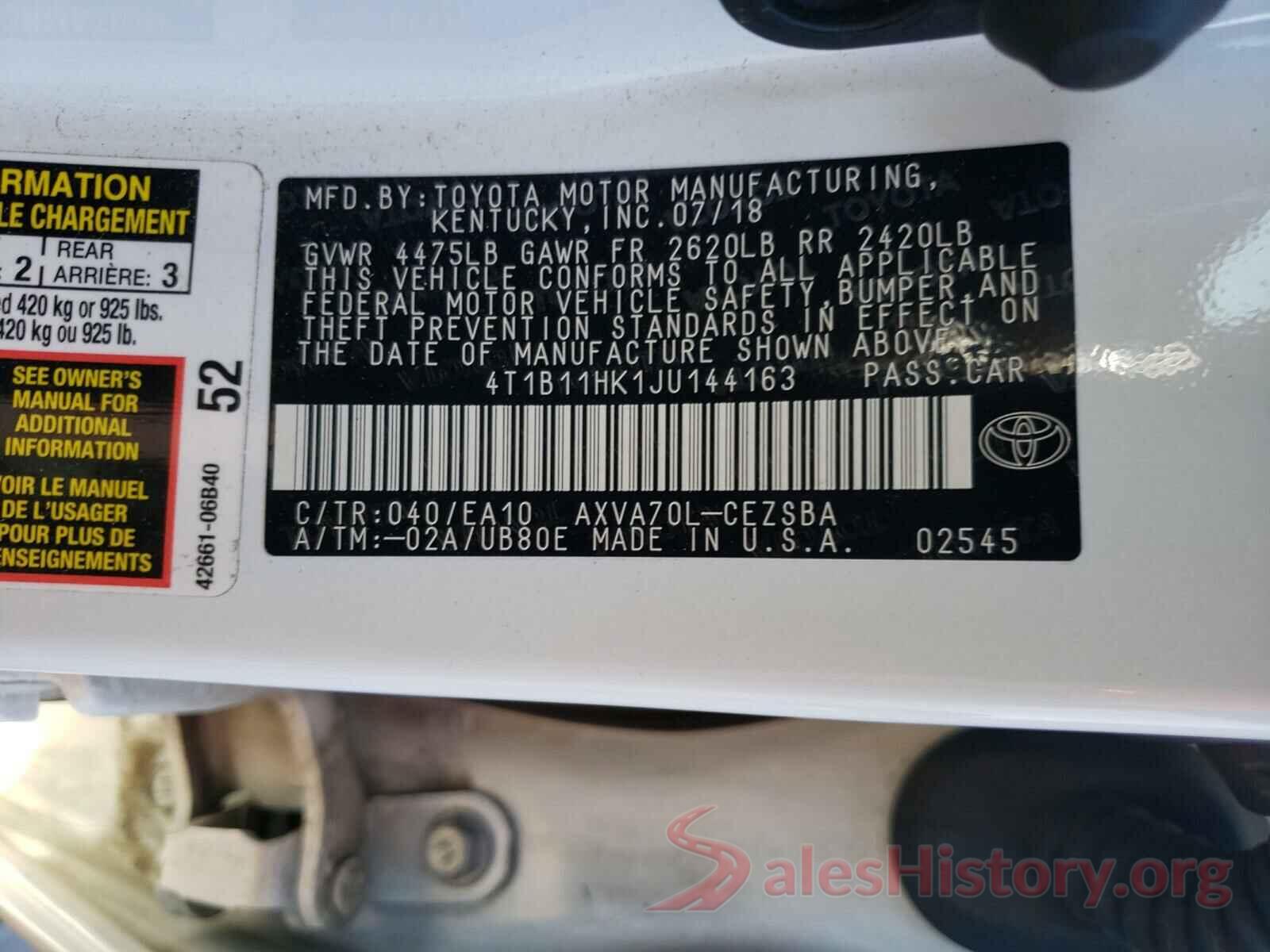 4T1B11HK1JU144163 2018 TOYOTA CAMRY