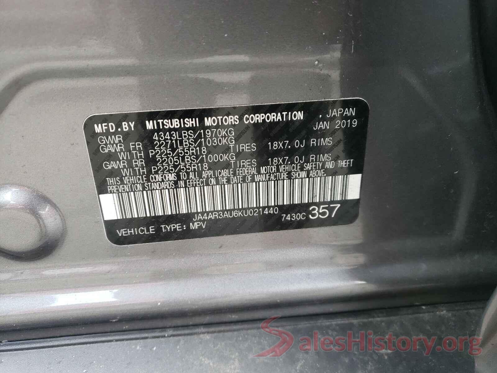 JA4AR3AU6KU021440 2019 MITSUBISHI OUTLANDER