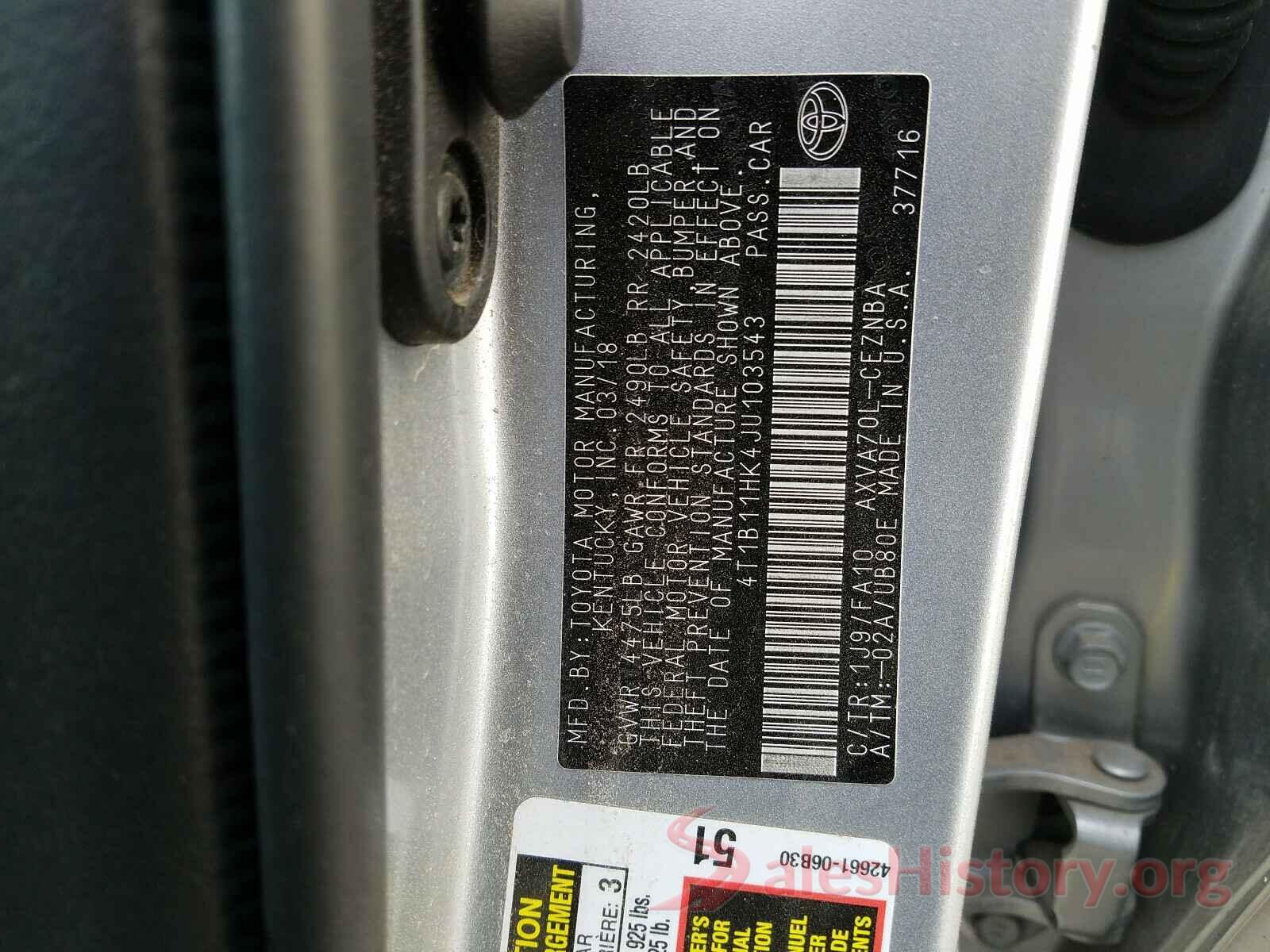 4T1B11HK4JU103543 2018 TOYOTA CAMRY