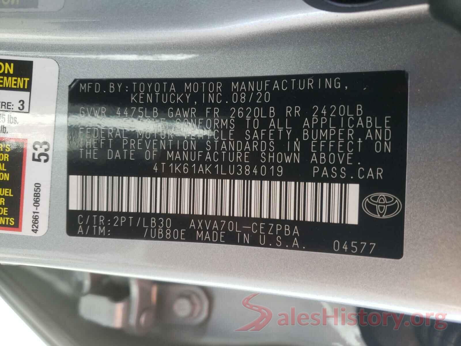 4T1K61AK1LU384019 2020 TOYOTA CAMRY