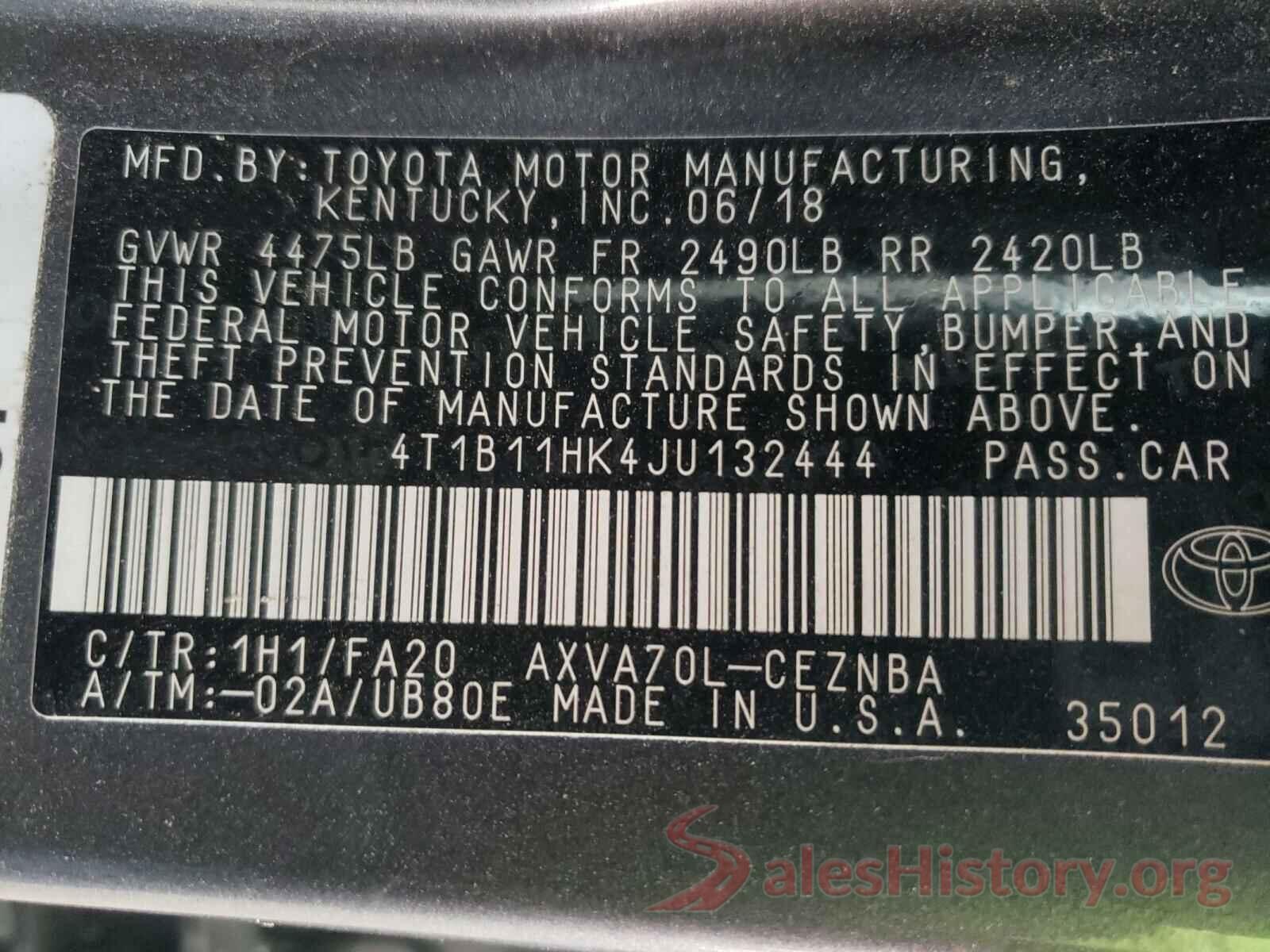 4T1B11HK4JU132444 2018 TOYOTA CAMRY