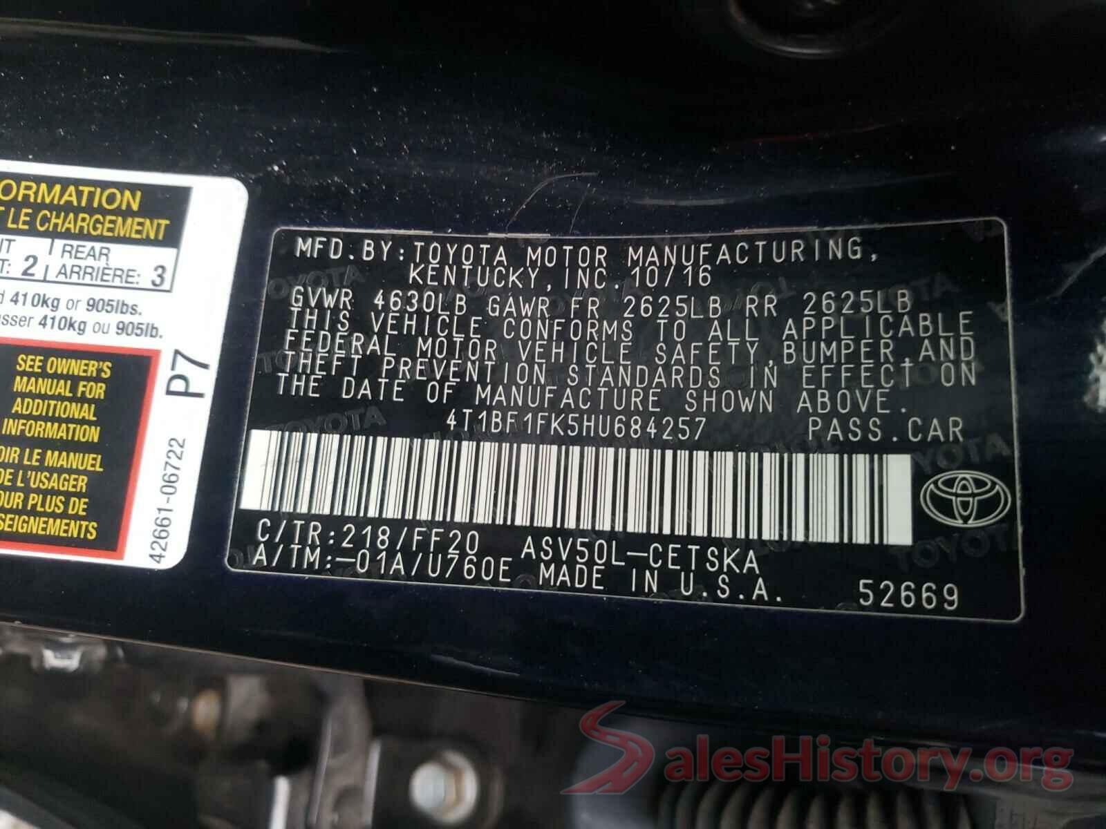 4T1BF1FK5HU684257 2017 TOYOTA CAMRY