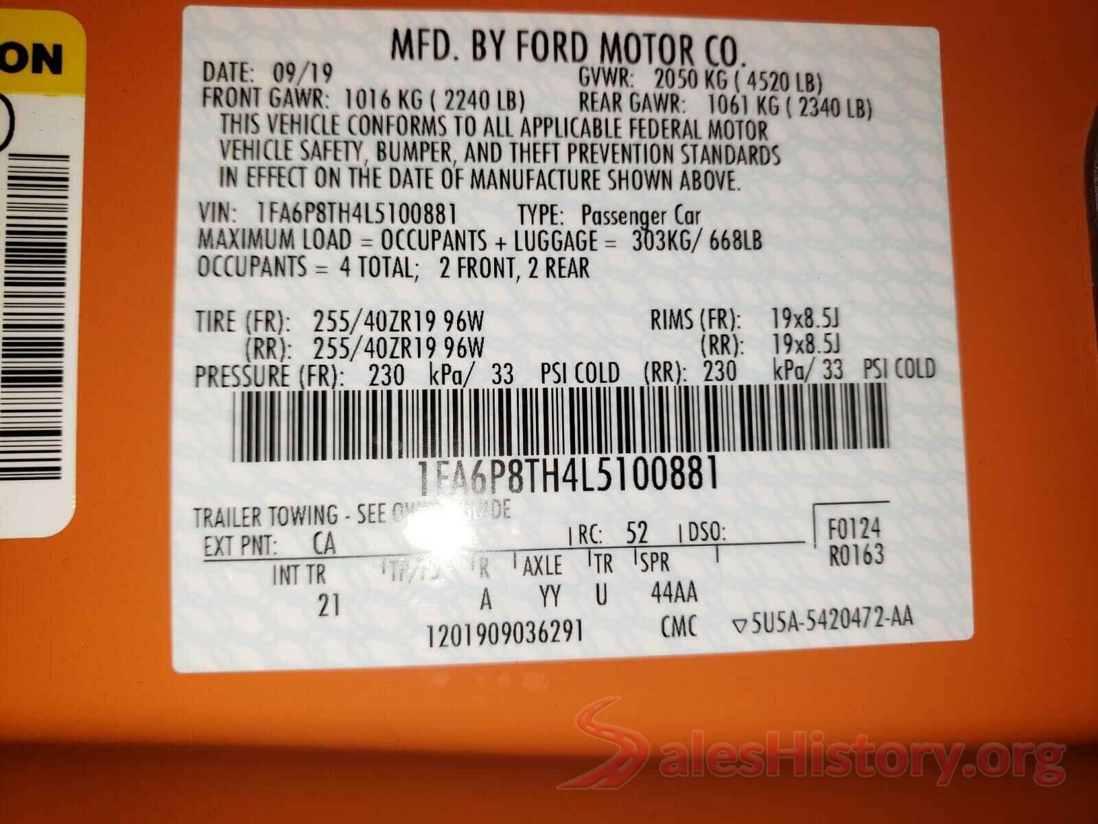 1FA6P8TH4L5100881 2020 FORD MUSTANG