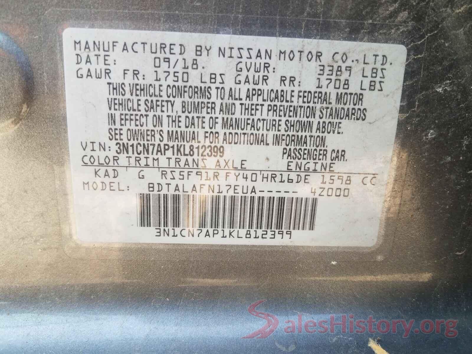 3N1CN7AP1KL812399 2019 NISSAN VERSA