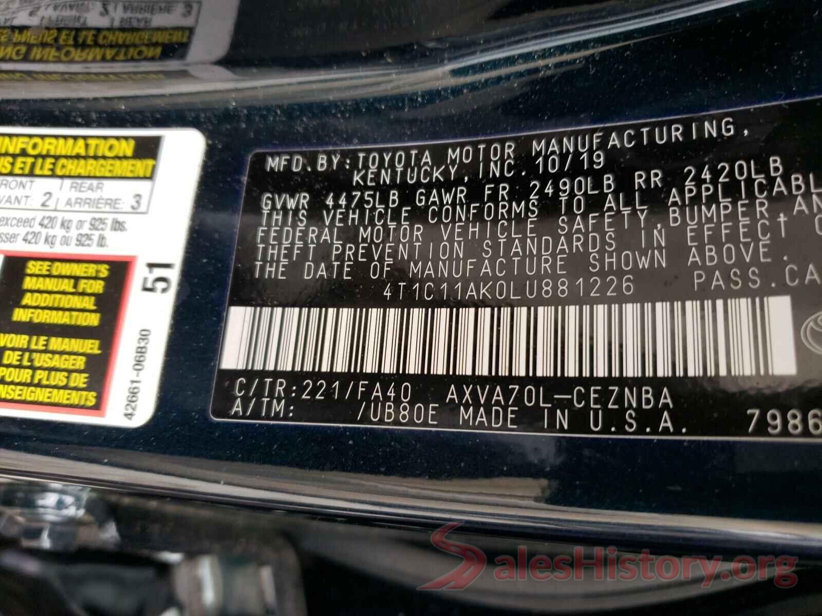 4T1C11AK0LU881226 2020 TOYOTA CAMRY