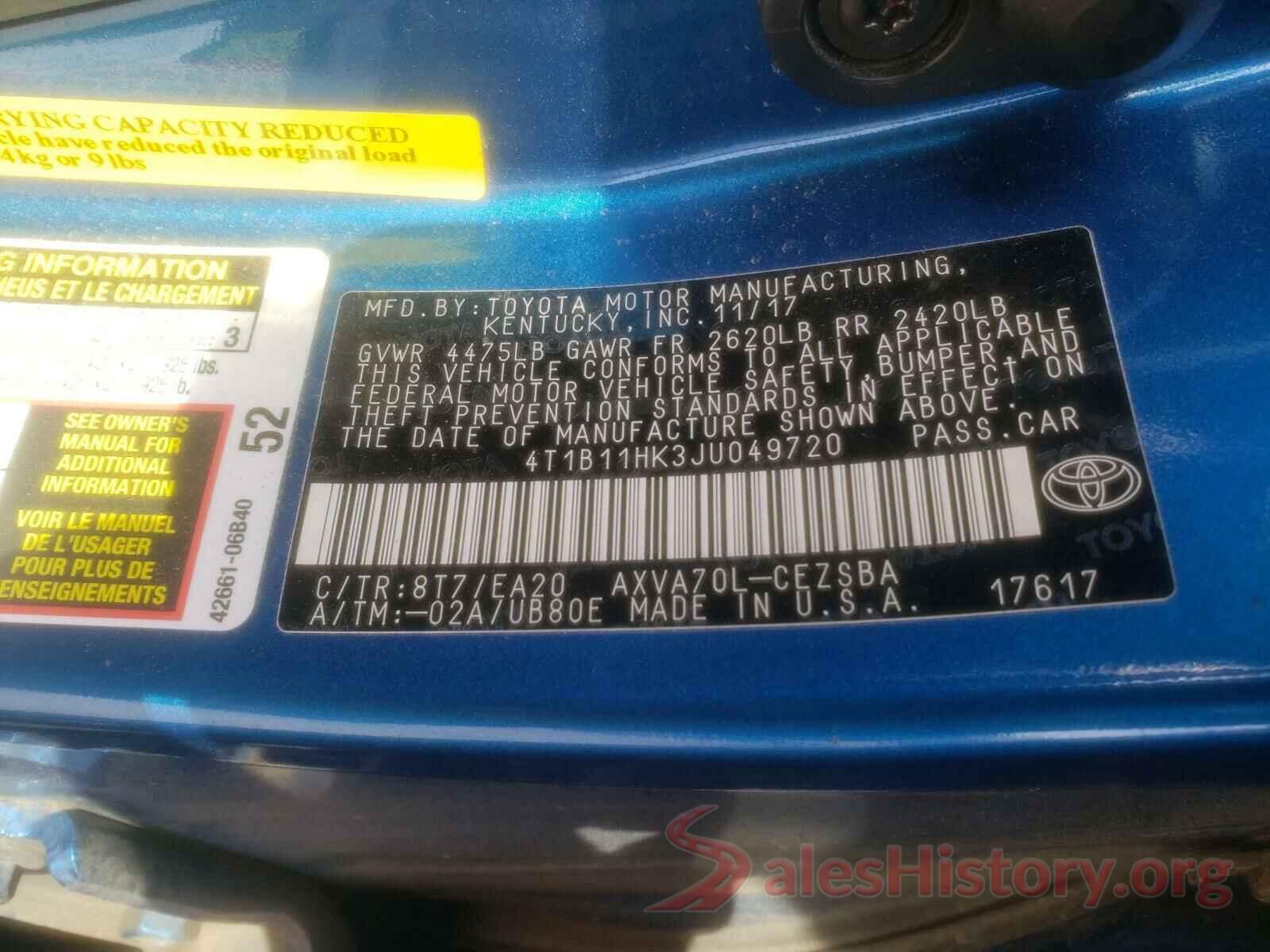 4T1B11HK3JU049720 2018 TOYOTA CAMRY