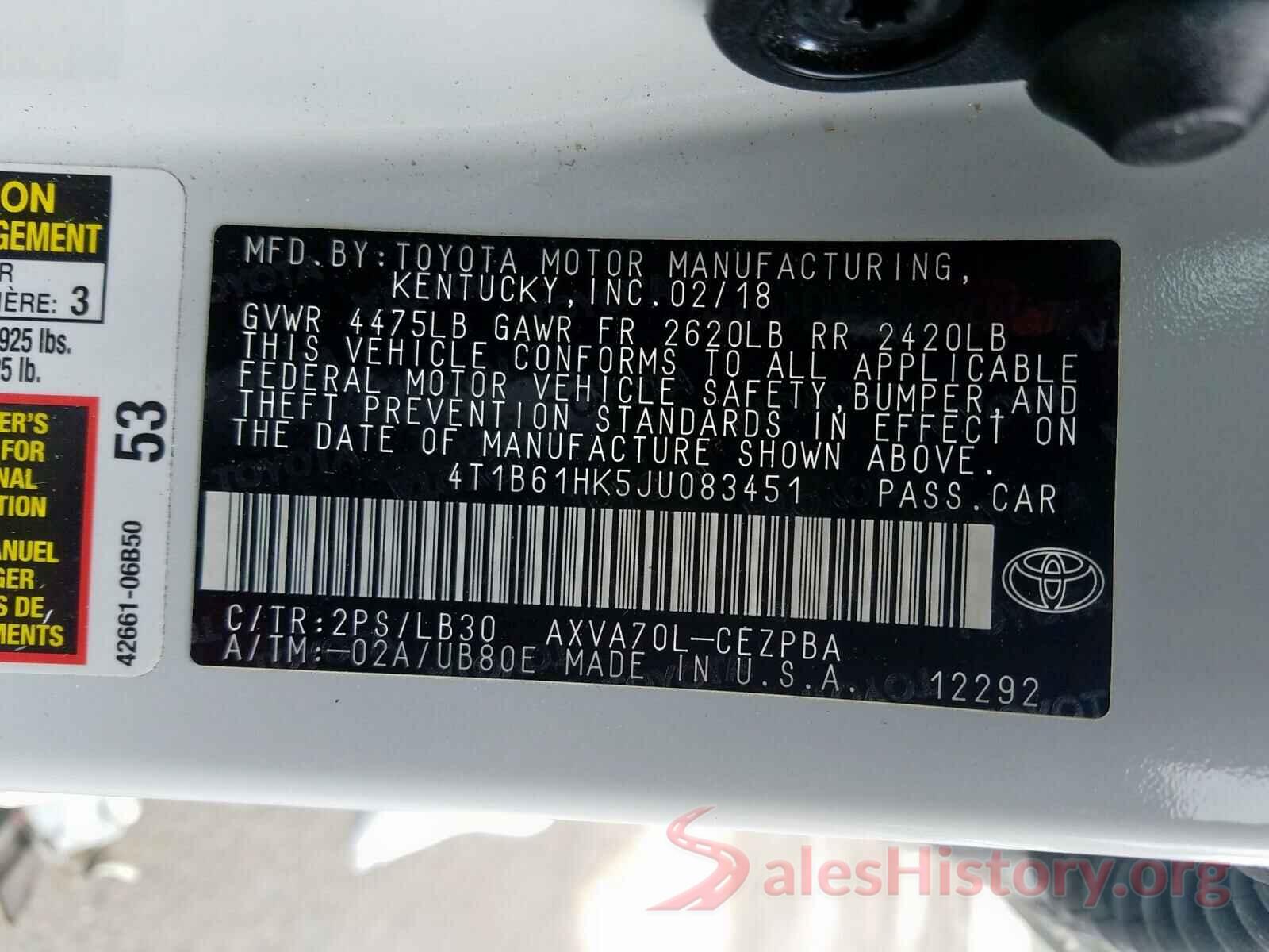 4T1B61HK5JU083451 2018 TOYOTA CAMRY