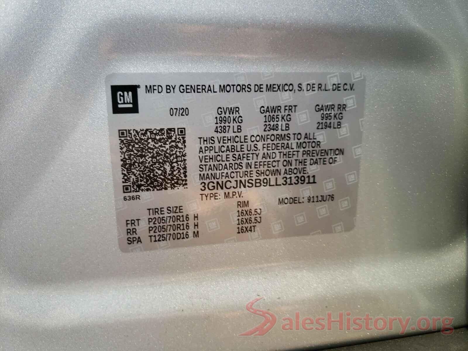 3GNCJNSB9LL313911 2020 CHEVROLET TRAX