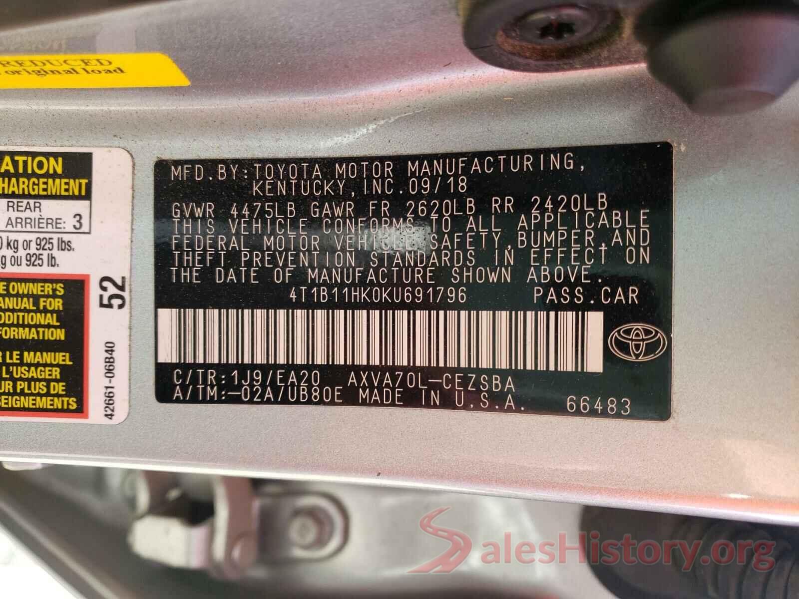 4T1B11HK0KU691796 2019 TOYOTA CAMRY