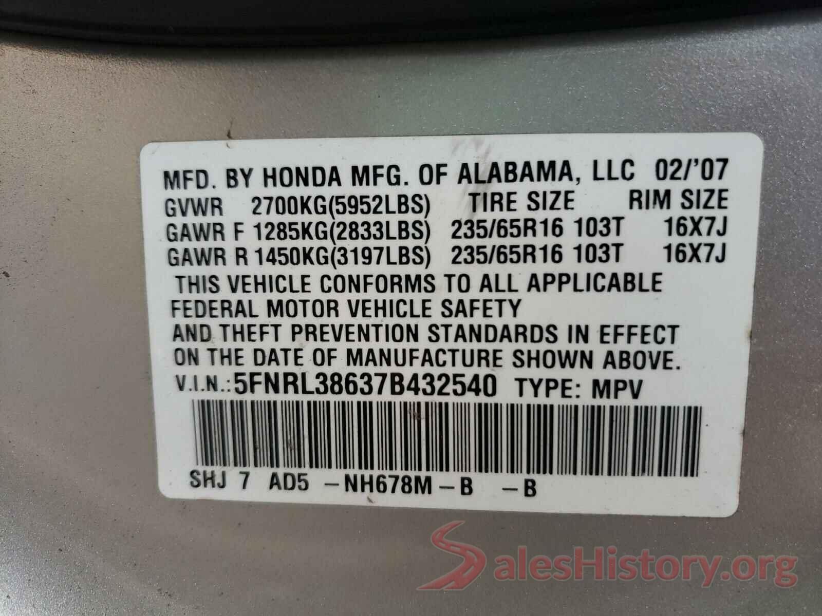 1N4AL3AP1GC200327 2007 HONDA ODYSSEY