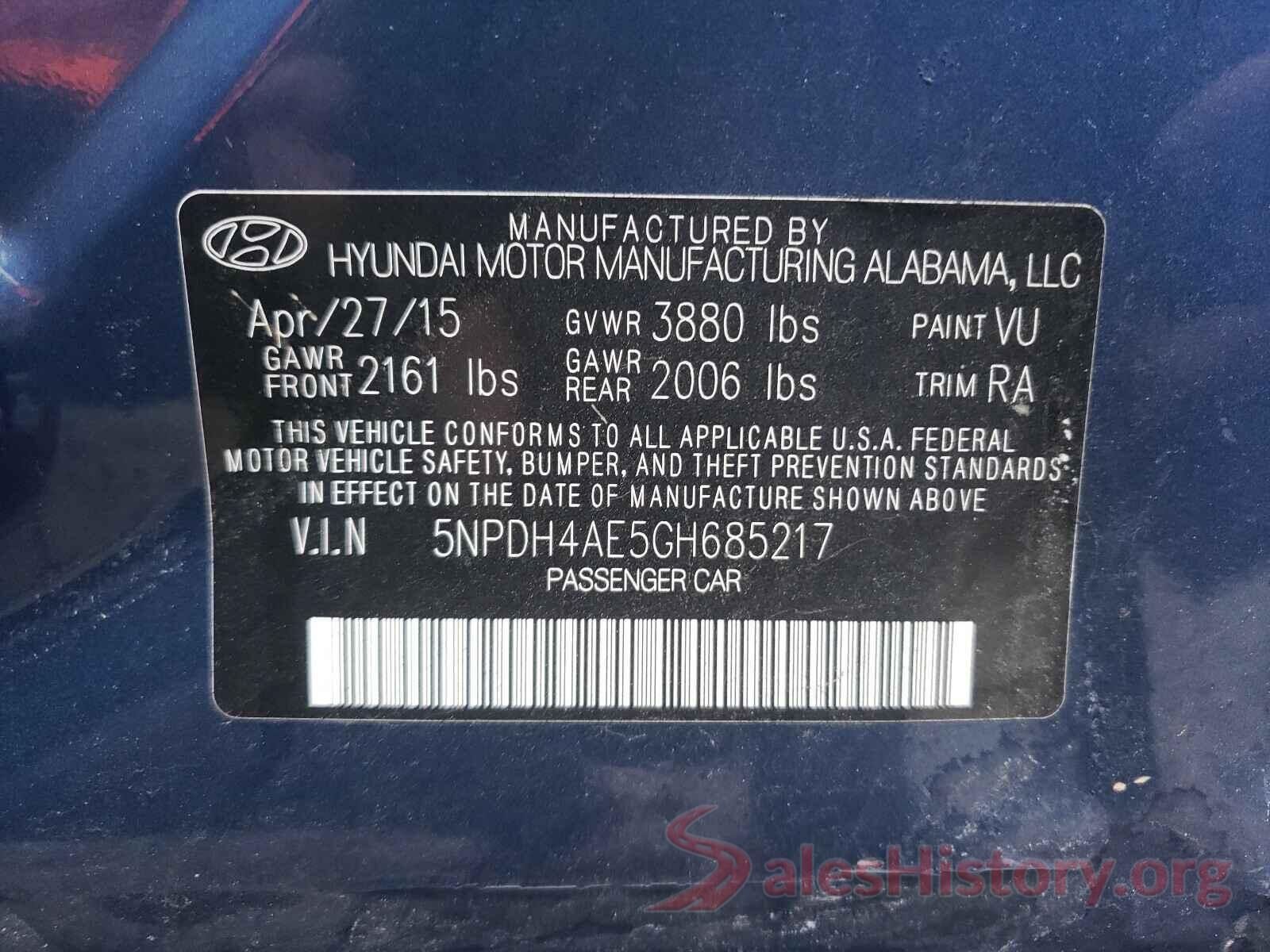 5NPDH4AE5GH685217 2016 HYUNDAI ELANTRA