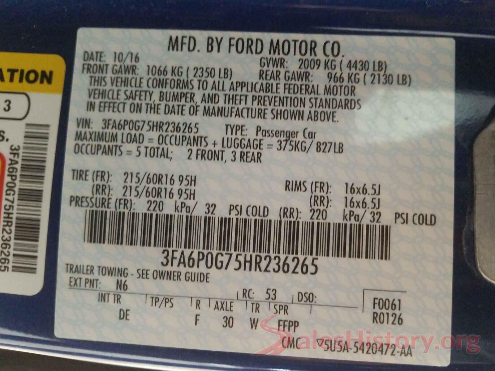 3FA6P0G75HR236265 2017 FORD FUSION