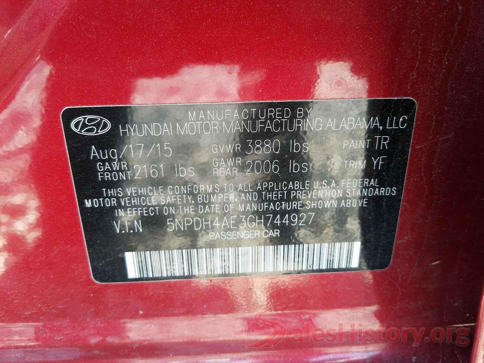 5NPDH4AE3GH744927 2016 HYUNDAI ELANTRA