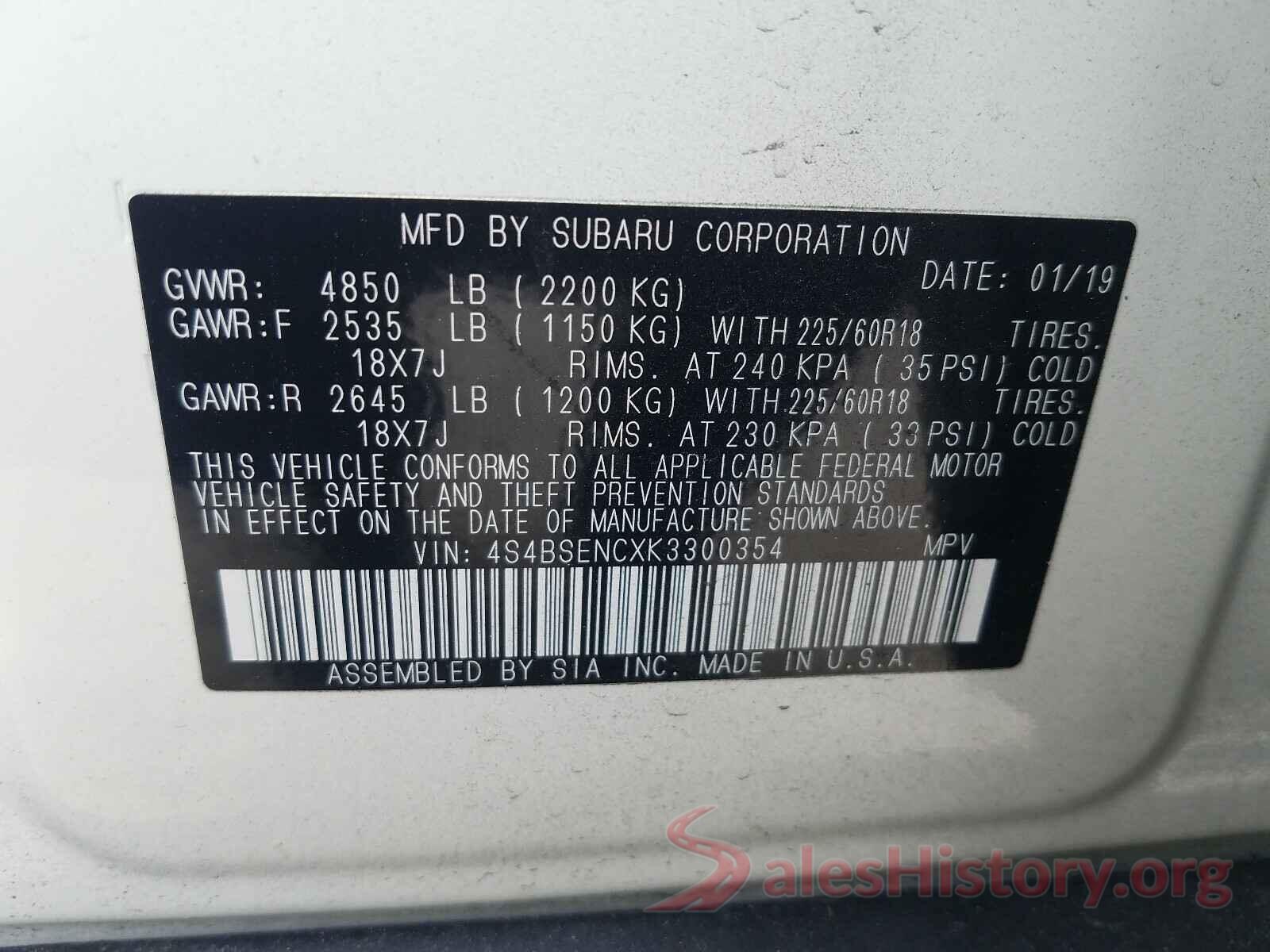 4S4BSENCXK3300354 2019 SUBARU OUTBACK