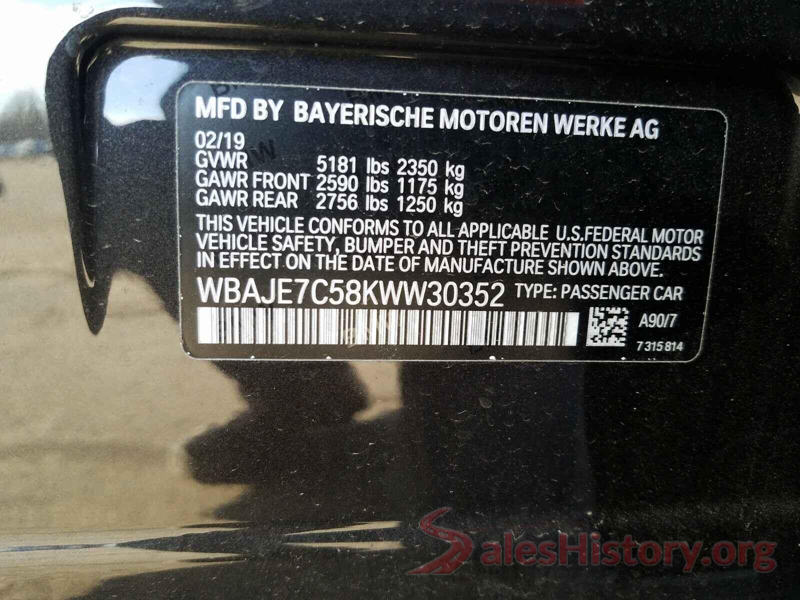 WBAJE7C58KWW30352 2019 BMW 5 SERIES