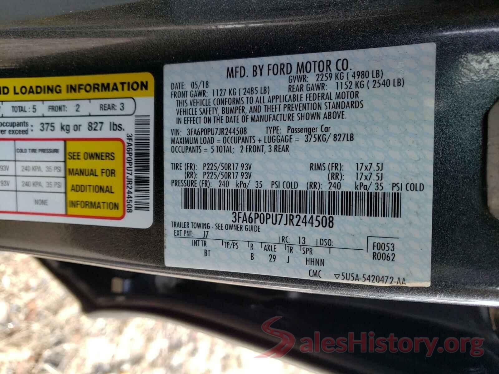 3FA6P0PU7JR244508 2018 FORD FUSION