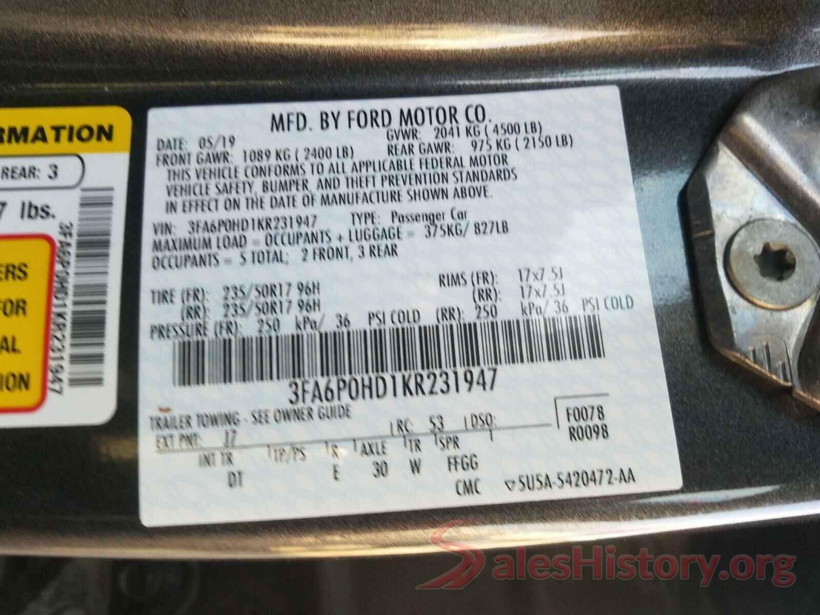 3FA6P0HD1KR231947 2019 FORD FUSION