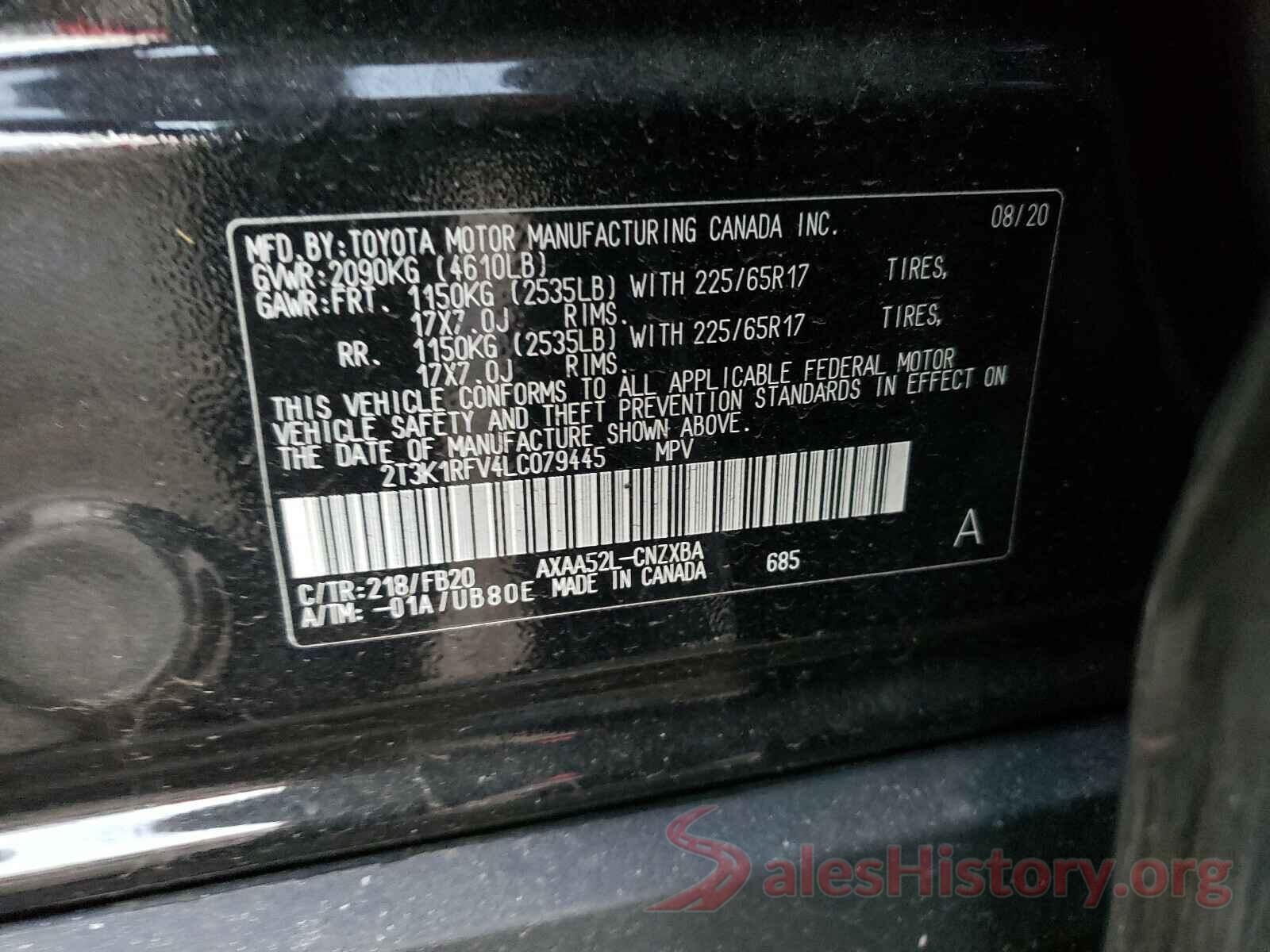 2T3K1RFV4LC079445 2020 TOYOTA RAV4