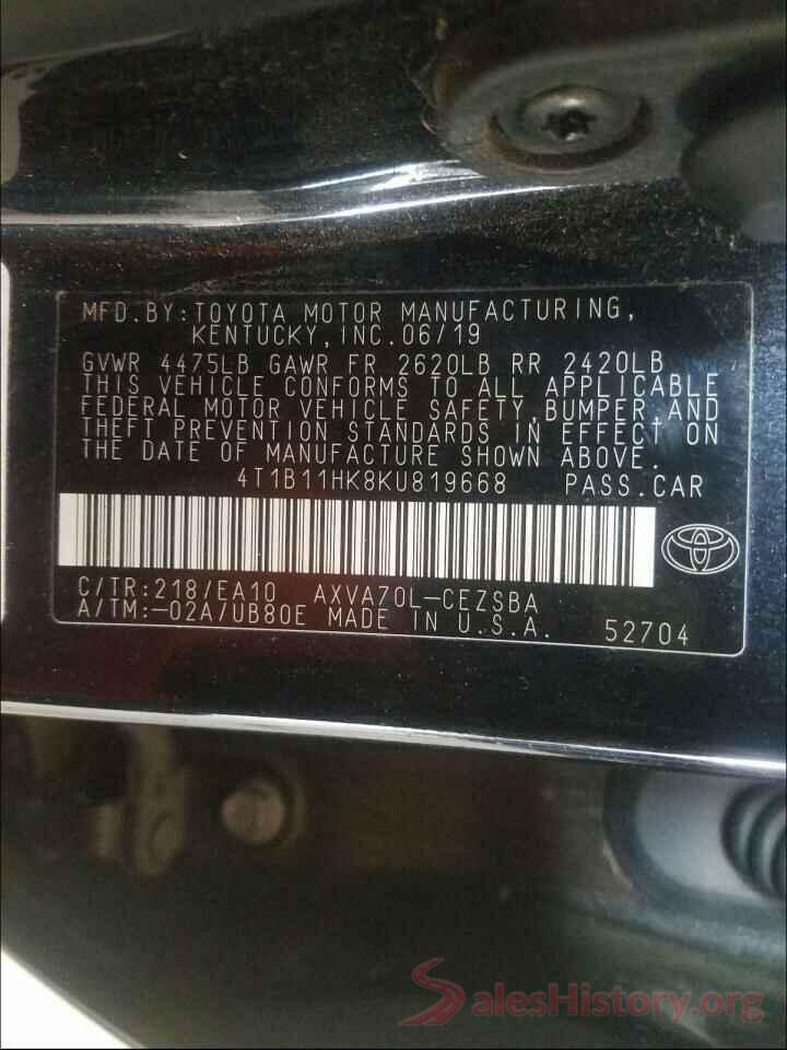 4T1B11HK8KU819668 2019 TOYOTA CAMRY