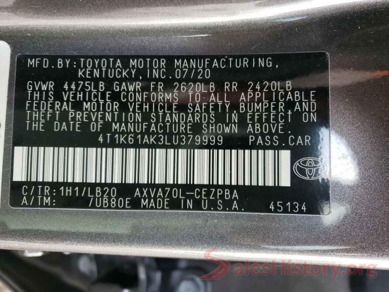 4T1K61AK3LU379999 2020 TOYOTA CAMRY