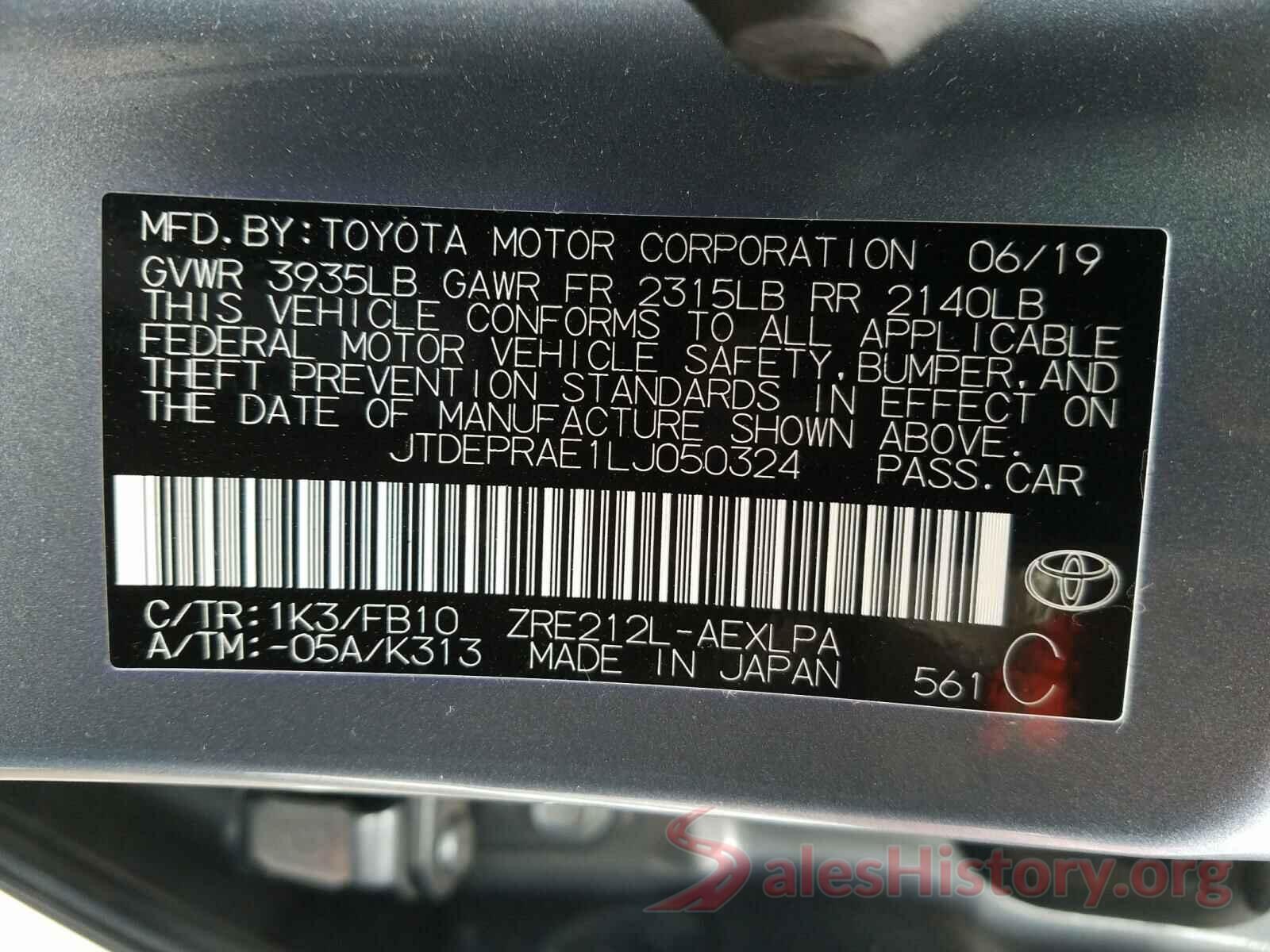 JTDEPRAE1LJ050324 2020 TOYOTA COROLLA