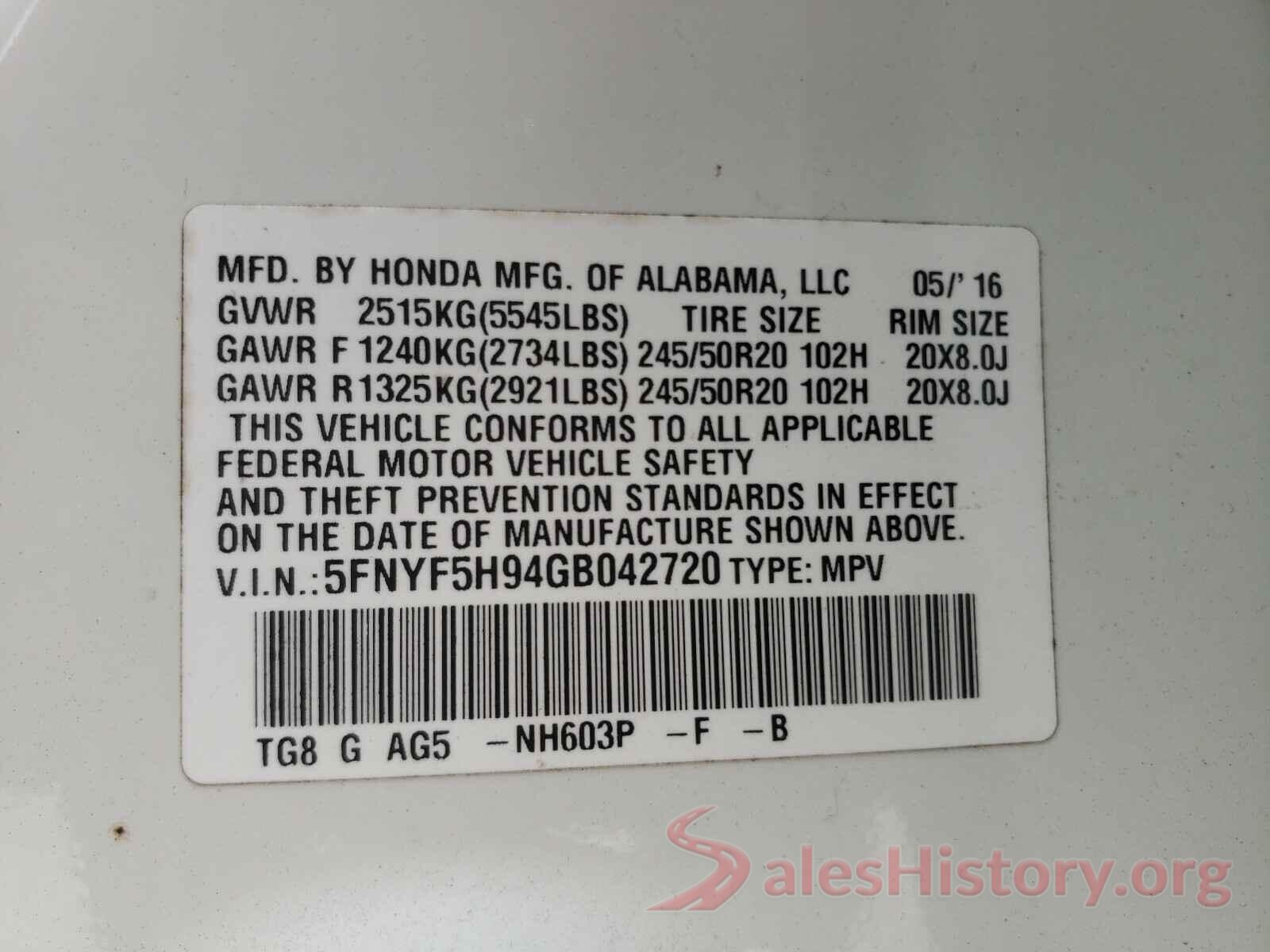 5FNYF5H94GB042720 2016 HONDA PILOT