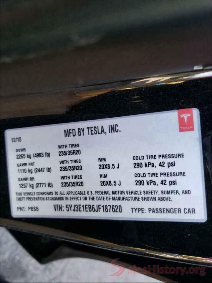 5YJ3E1EB6JF187620 2018 TESLA MODEL 3