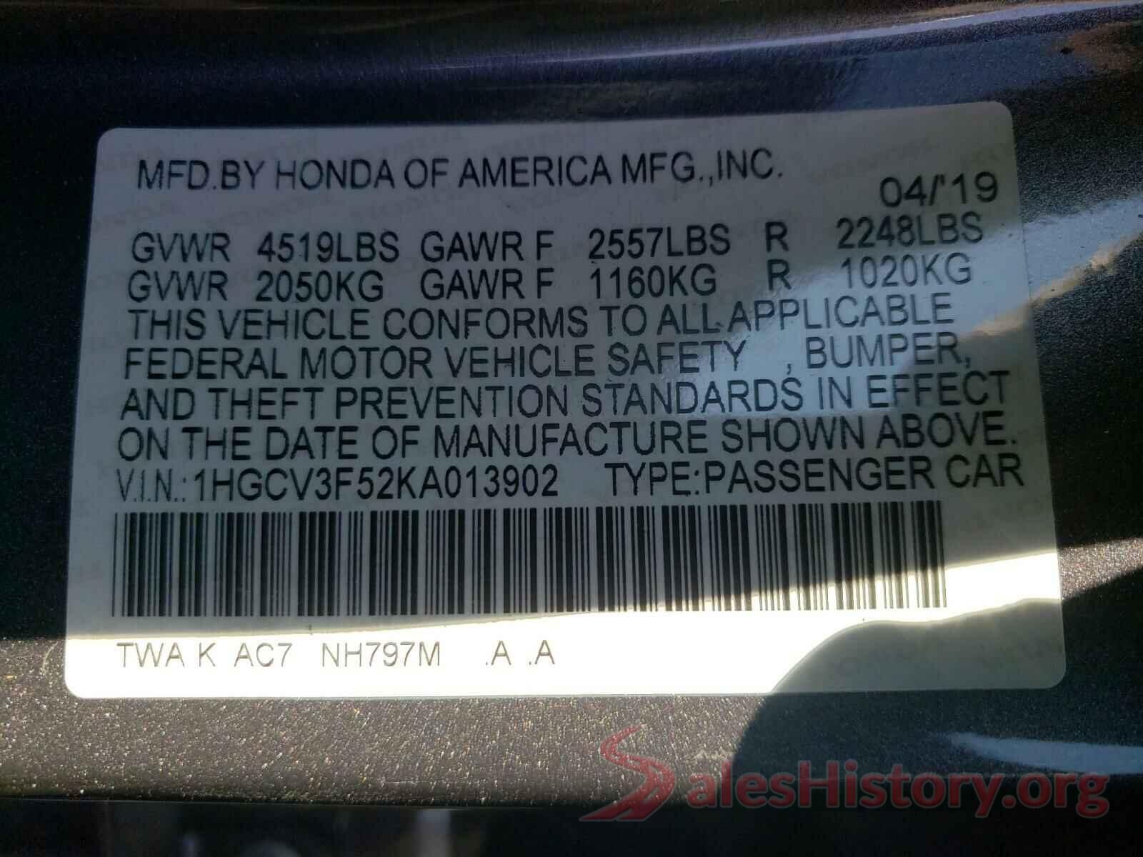 1HGCV3F52KA013902 2019 HONDA ACCORD