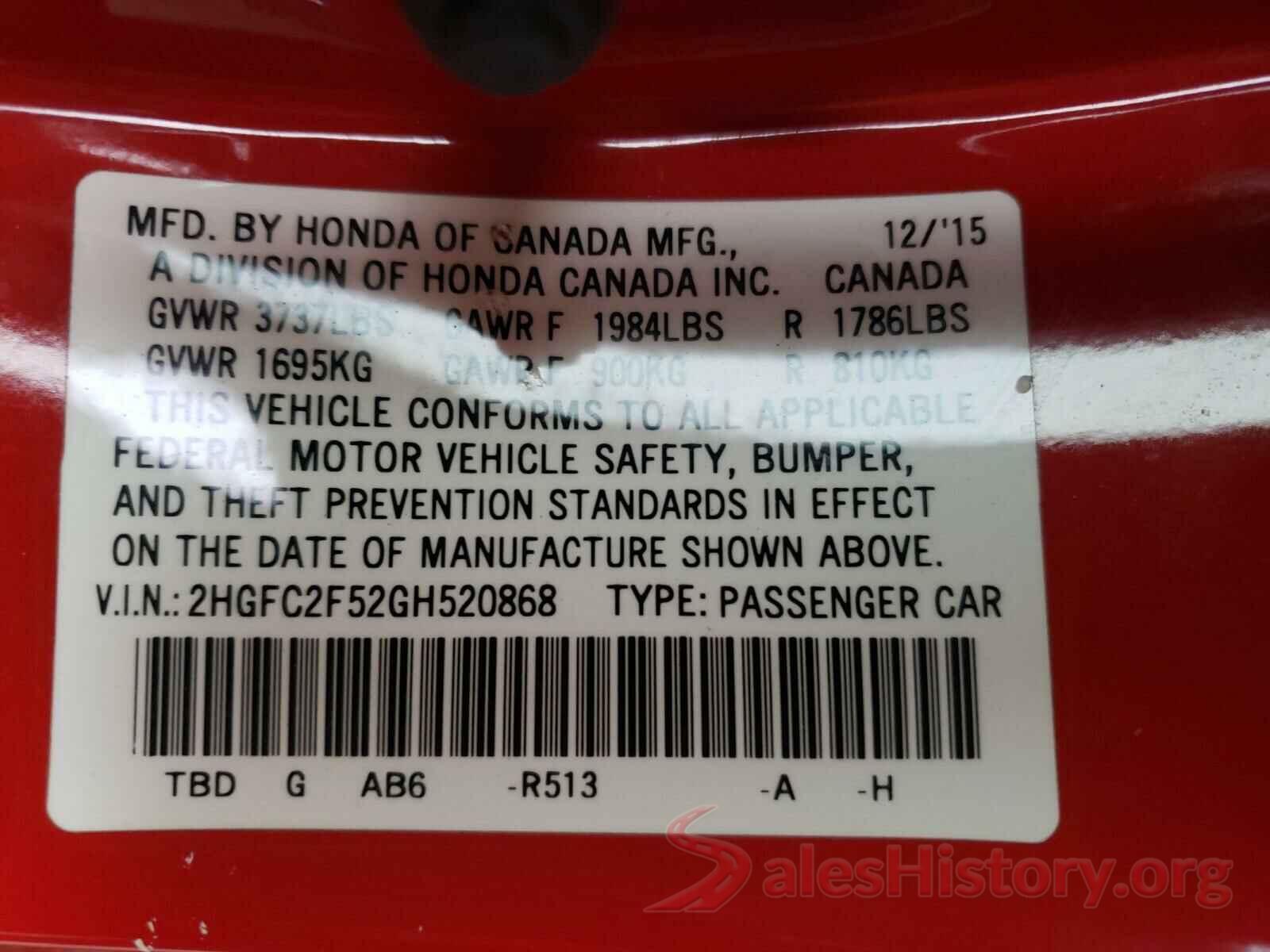 2HGFC2F52GH520868 2016 HONDA CIVIC