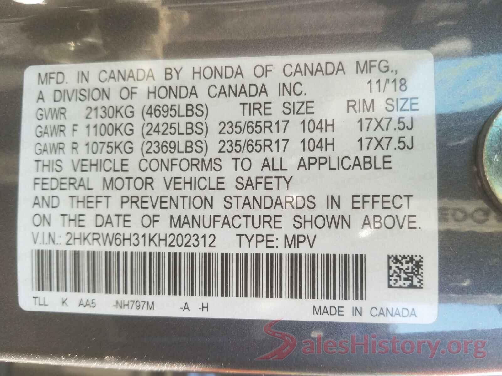 2HKRW6H31KH202312 2019 HONDA CRV