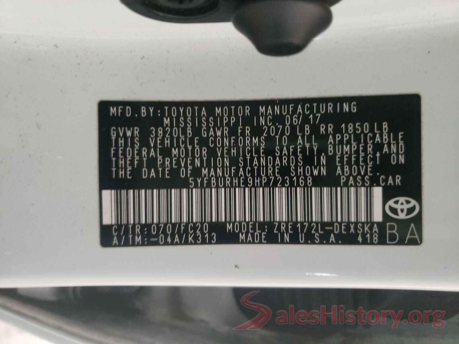 5YFBURHE9HP723168 2017 TOYOTA COROLLA