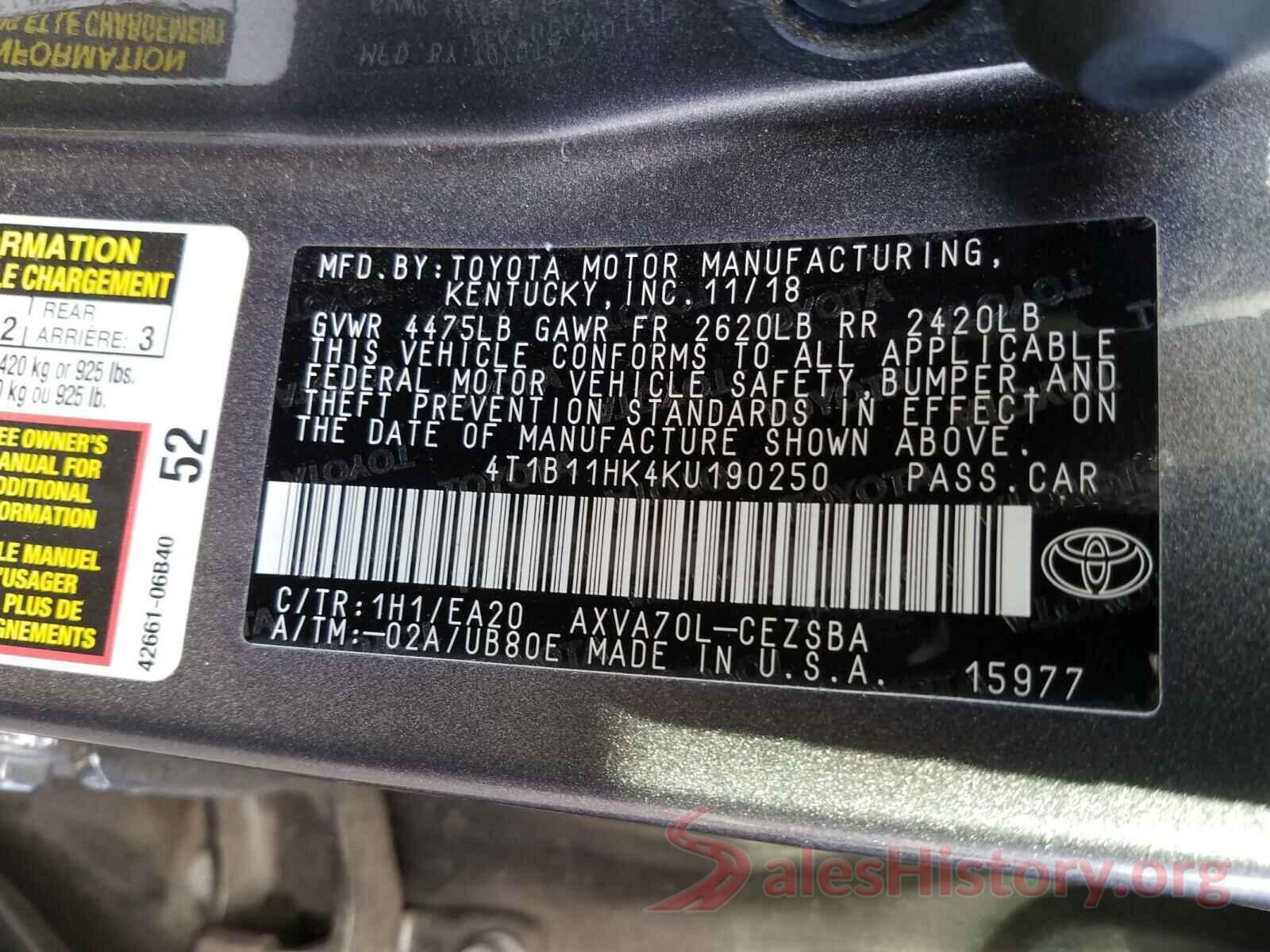 4T1B11HK4KU190250 2019 TOYOTA CAMRY