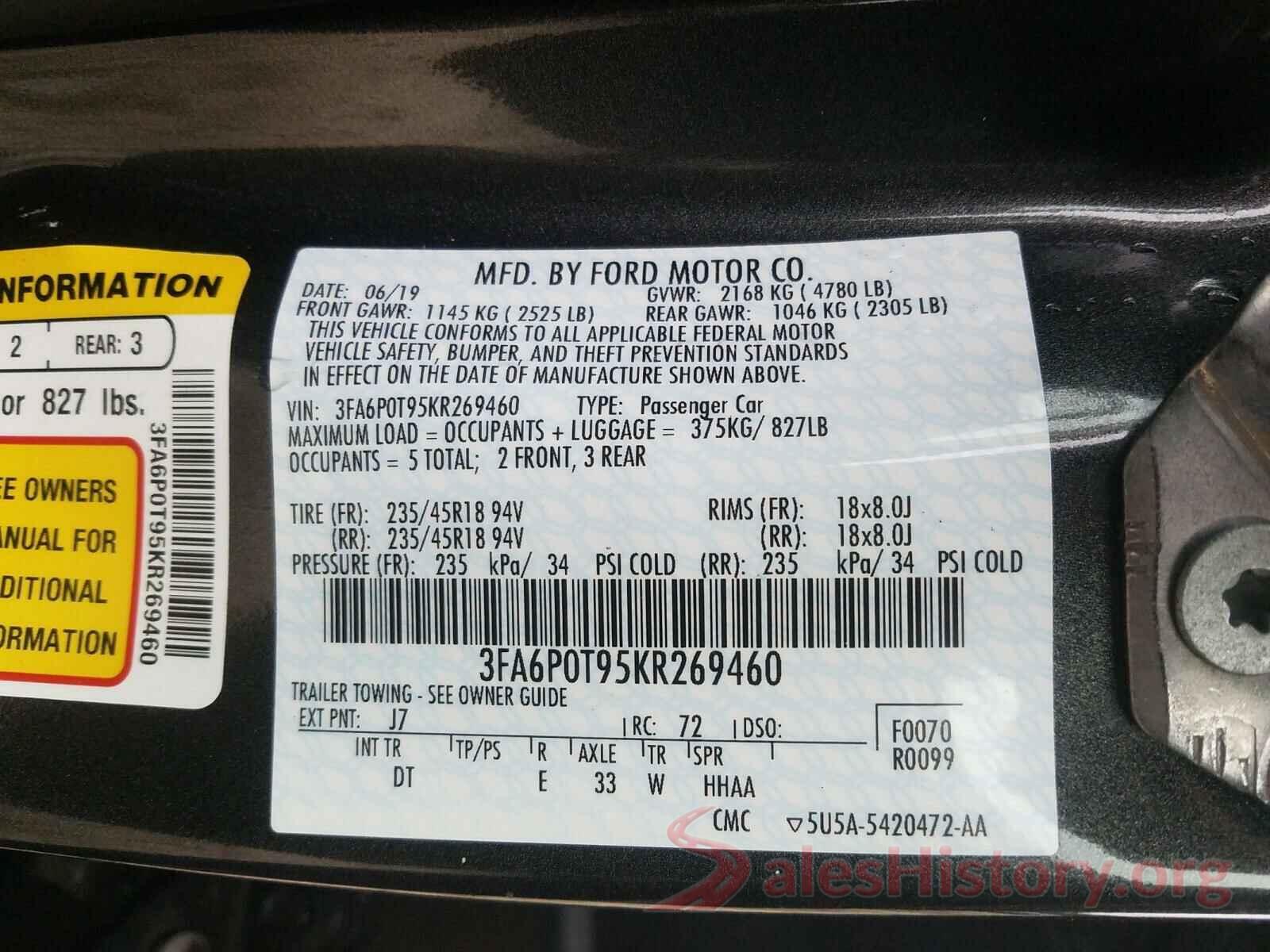 3FA6P0T95KR269460 2019 FORD FUSION